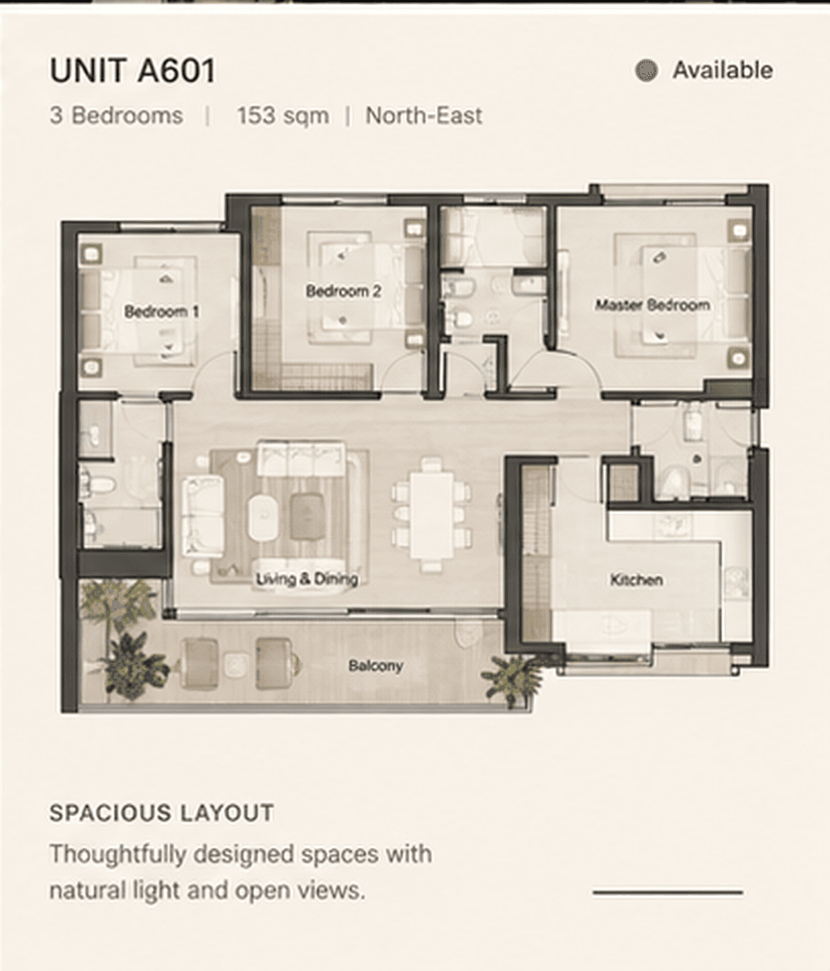 Representative residential floor-plan artwork for Palm Court Residences concept demonstration