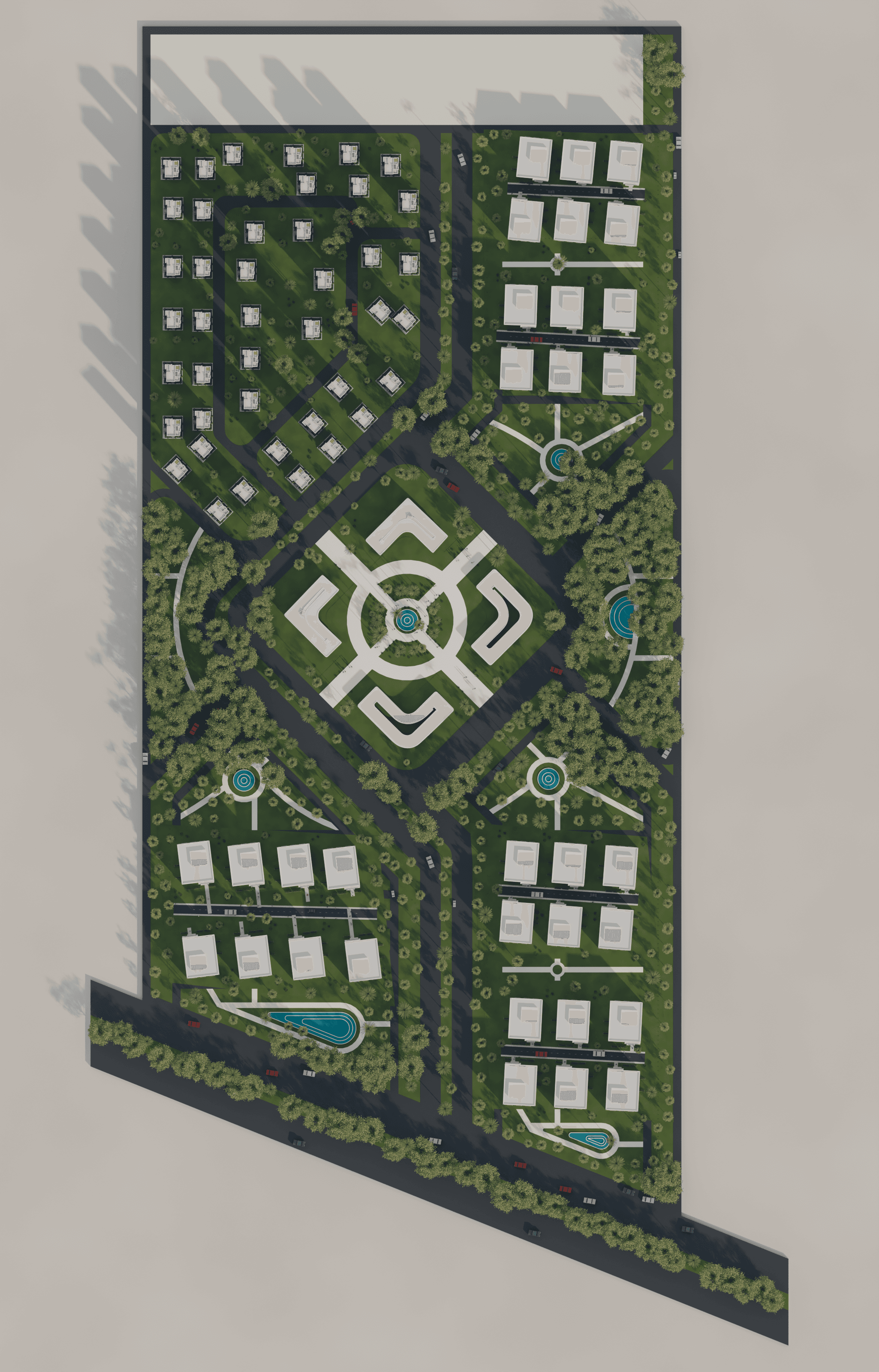 Aerial masterplan showing villa districts, tower clusters, and central community zone