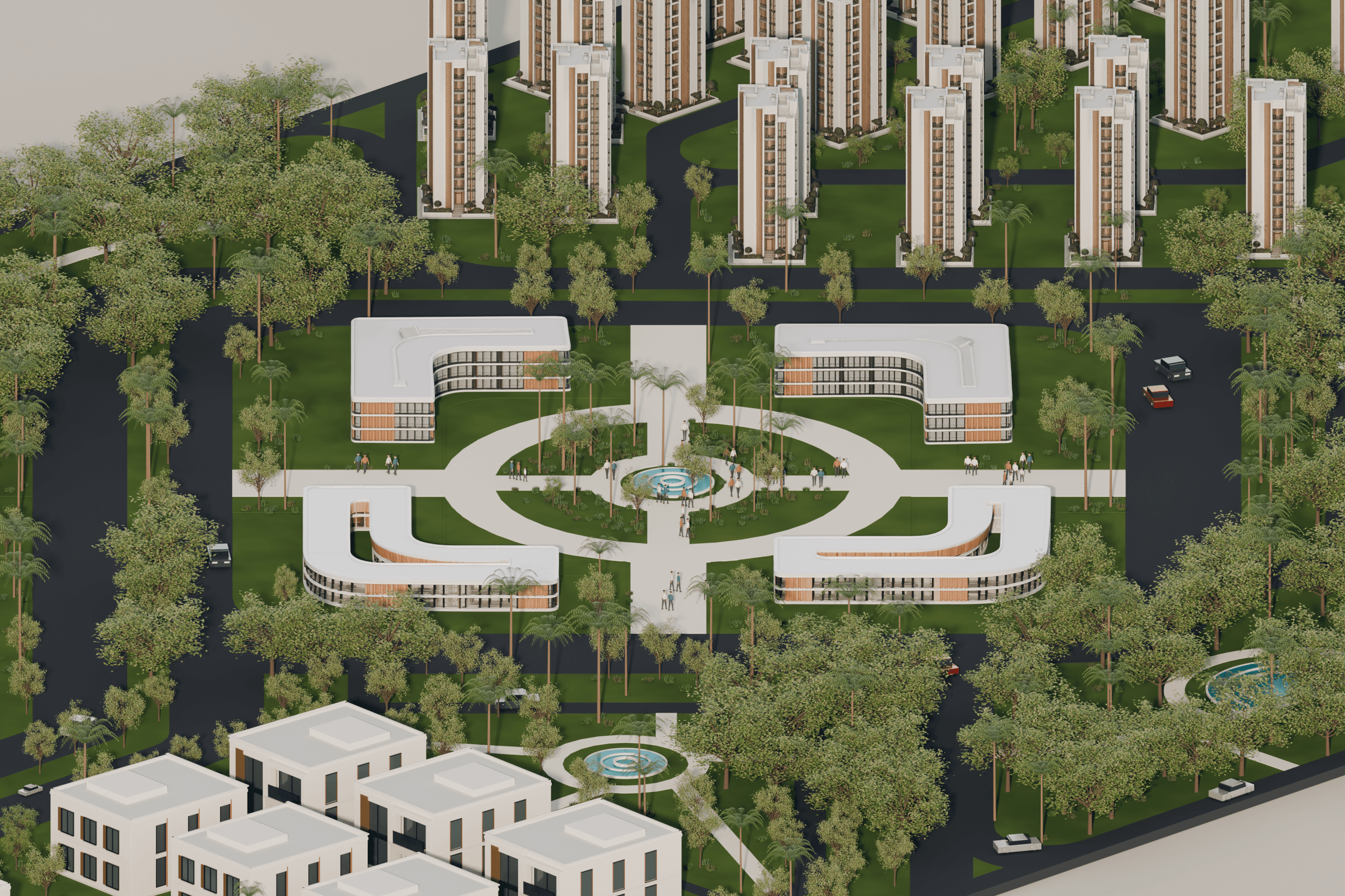 Central courtyard and community buildings at the heart of the complex