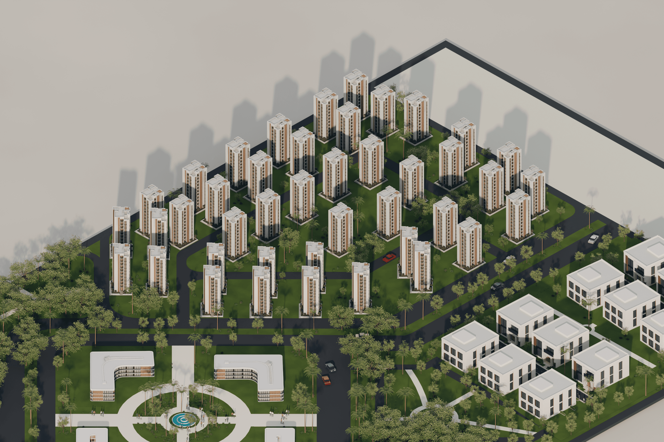 Tower district with mid- and high-rise residential volumes
