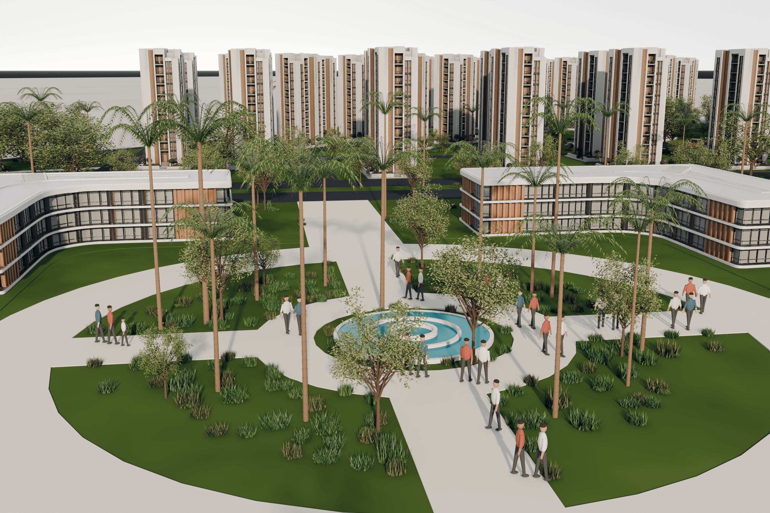 Central lifestyle plaza with palms, paths, and shared outdoor life