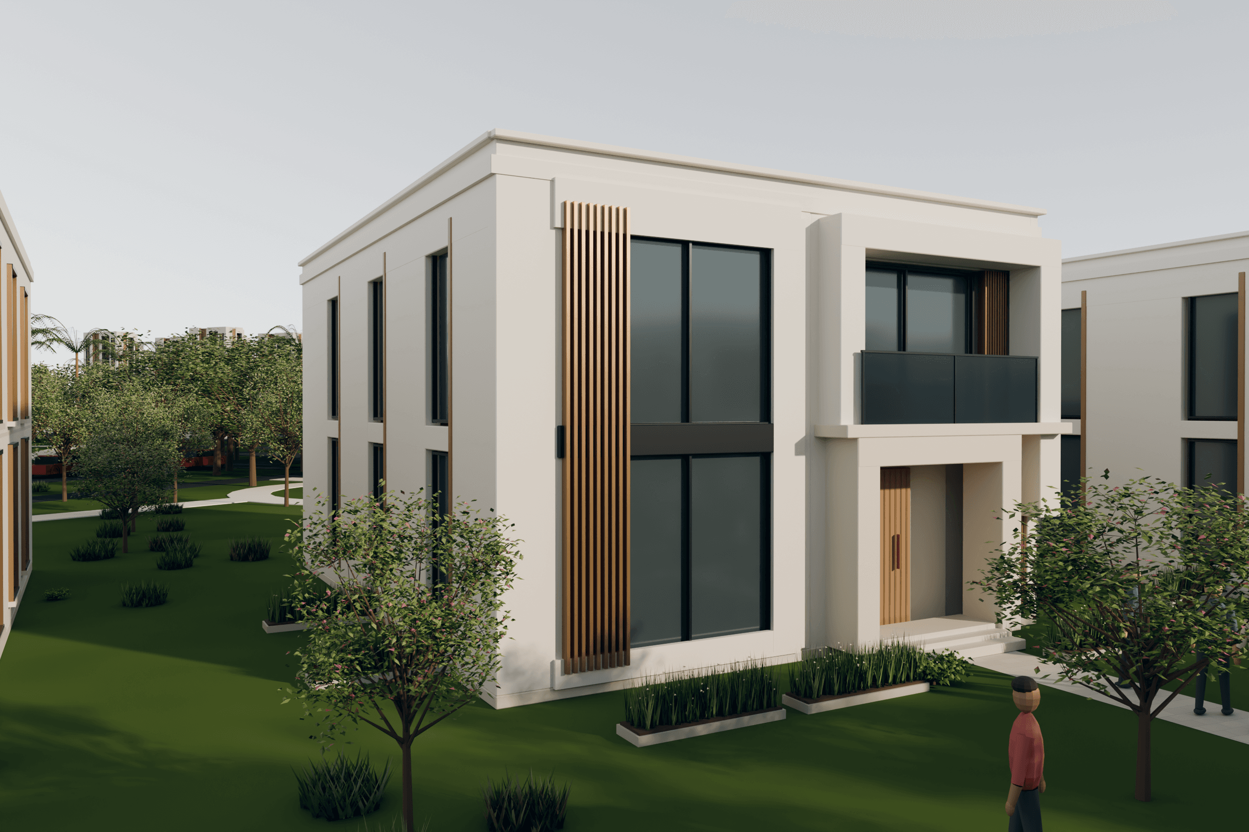 Villa lifestyle view with landscaped outdoor rooms and residential scale
